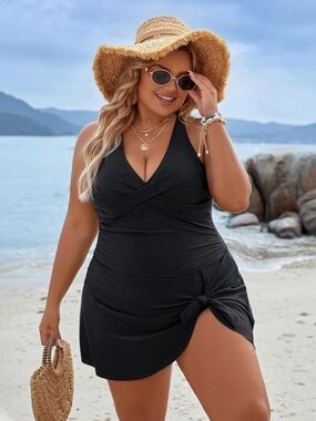 BLOOMING JELLY - 3X Black 1 Piece V-Neck Swim Dress with Side Knot